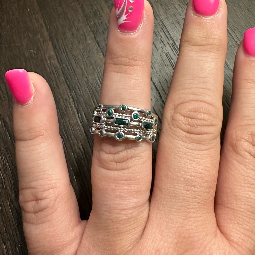 Silver ring with green and blue stones